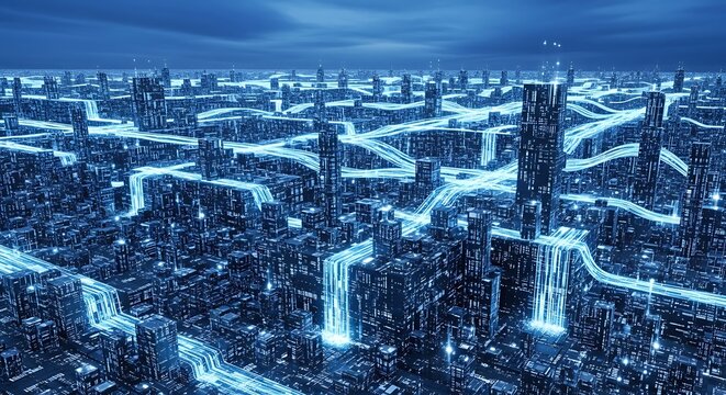 Futuristic digital city with interconnected networks and data streams