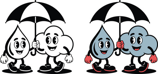 Funny cartoon vector illustration of a person with an umbrella protecting a white horse from the rain