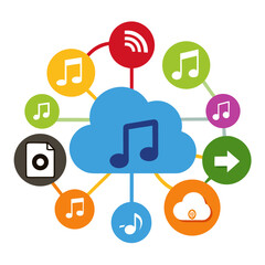 Abstract cloud network connecting music notes and digital data icons in a vibrant color scheme