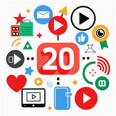 A vibrant collection of digital media icons and the number twenty symbolizing online content creation and engagement