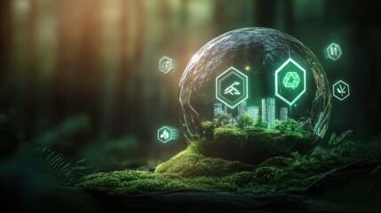 A futuristic digital globe enveloped in lush greenery represents the potential for technology and the natural world to exist in balance and mutual prosperity