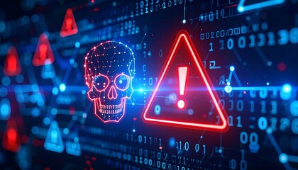 Cybersecurity threat alert featuring a skull and warning symbol over binary code