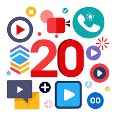 Modern digital icons representing video play communication and the number twenty