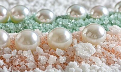 Iridescent pearl beads nestled in colorful crystals a study in texture