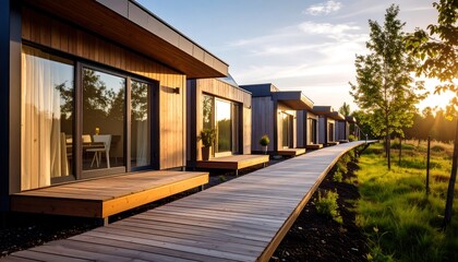 Obraz premium Modern wooden cabins, walkway, sunset