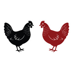 Vector art of black and red chicken silhouettes isolated on white background, farm animals