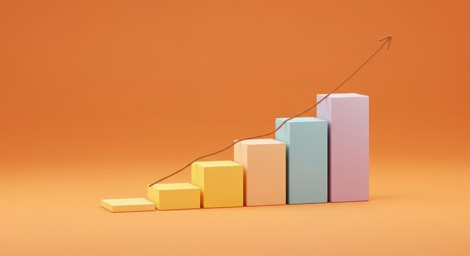 Minimalist 3D Pastel Bar Chart Illustrating Upward Growth on a Vibrant Orange Background.