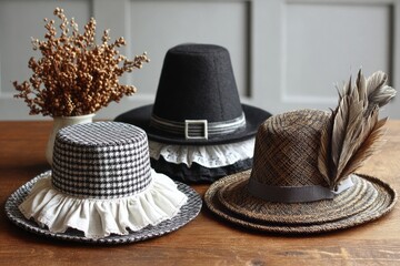 Three decorative vintage-style hats with lace and feathers on wooden table. Pilgrim Hat and Bonnet Crafts. Halloween concept