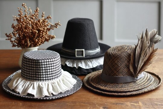 Three decorative vintage-style hats with lace and feathers on wooden table. Pilgrim Hat and Bonnet Crafts. Halloween concept