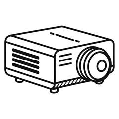 A simple black and white line drawing of a modern digital projector with a lens and vents