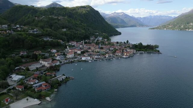 Aerial Panoramic Pivot over Pella, Lake Orta, Italy &ndash; Scenic Drone Shot of Lakeside Town and Mountains