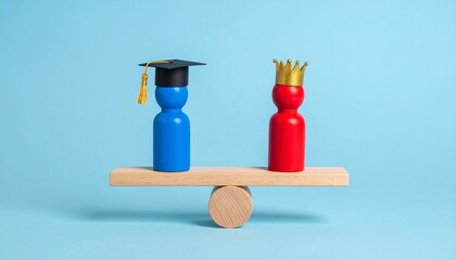 Conceptual representation of education versus royalty, depicted as two figurines balancing on a wooden seesaw