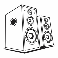 Stylized black and white illustration of two tall tower speakers with multiple drivers