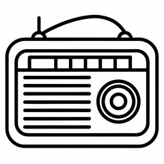 Simple line art icon of a vintage portable radio with an antenna and speaker