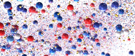 Vibrant red, blue, white, and gold spheres float on a white background. Stock photo.