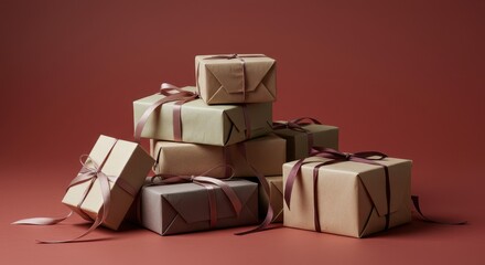 Obraz premium Stack of Elegantly Wrapped Gifts in Earthy Tones Against a Deep Red Background