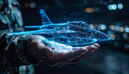 A person holds a digital 3D model of an airplane, representing futuristic technology and innovation