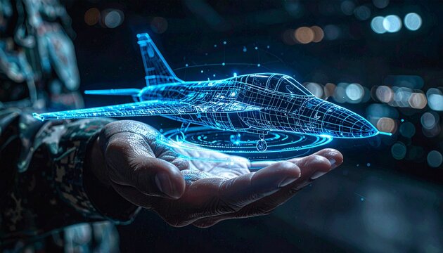 A person holds a digital 3D model of an airplane, representing futuristic technology and innovation