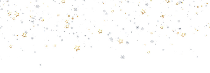 Beautiful winter background with gold stars and snowflakes falling on white. Perfect for holidays.