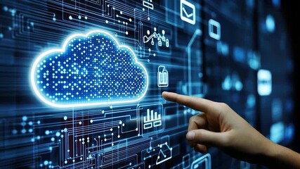 Cloud computing interface with circuit board background - Powered by Adobe