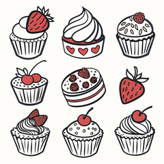 Charming hand drawn desserts featuring cupcakes and berries with a whimsical style