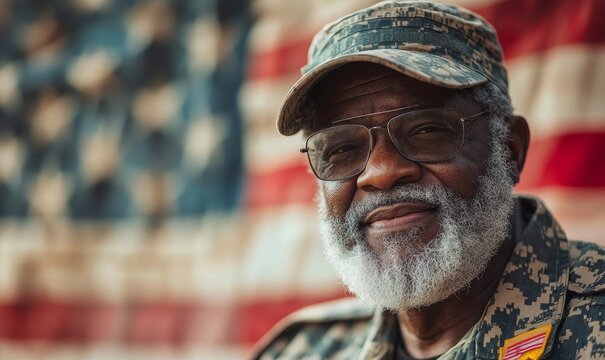 Senior African-American army veteran celebrating 4th of July Independence Day, patriotism and military pride, Generative AI