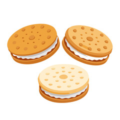 Three round sandwich cookies with creamy white filling and a dark filling isolated on a black background