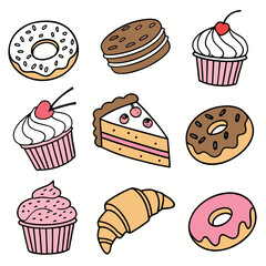 A delightful collection of hand drawn pastries including donuts cupcakes a slice of cake a sandwich cookie and a croissant