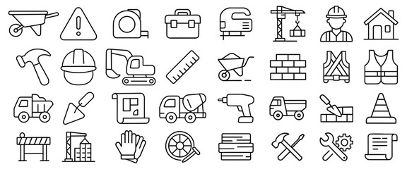 Construction site outline icons depict construction worker building site equipment tools and industrial vehicles create a visual representation of the building process suitable