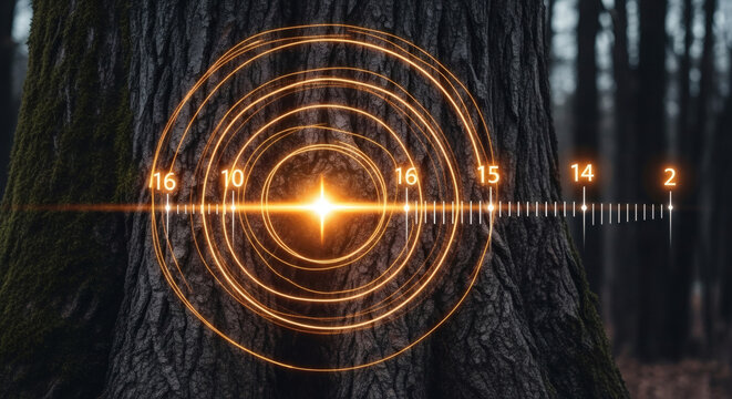 A futuristic interface with glowing rings and a timeline scans a large tree trunk in a dark forest.
