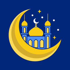 A serene night scene depicting a glowing crescent moon over a silhouetted landscape perfect for ramadan celebrations and islamic themes