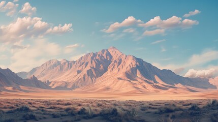 Naklejka premium Expansive desert landscape with prominent mountains under a bright blue sky and scattered clouds