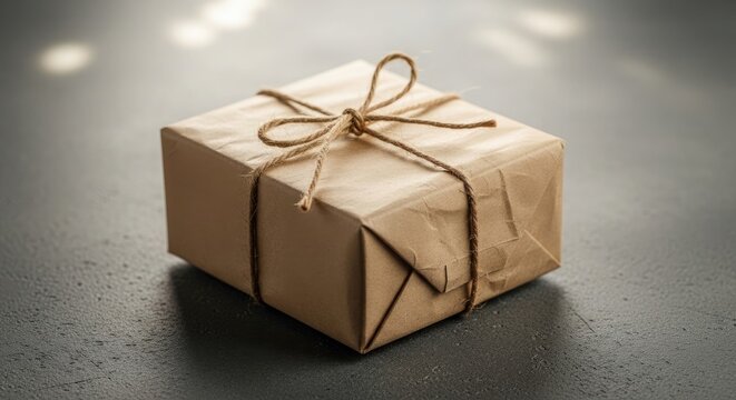 Brown Paper Gift Box with Twine on Dark Textured Surface