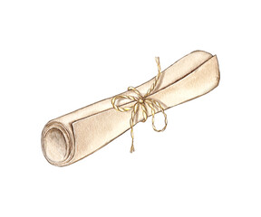 Diploma. Watercolor  illustration of graduation diploma paper scroll. Certificate  isolated
