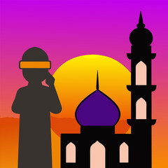 A solitary minaret stands against the twilight sky with a figure positioned to call the adhan evoking a sense of spiritual devotion and islamic tradition