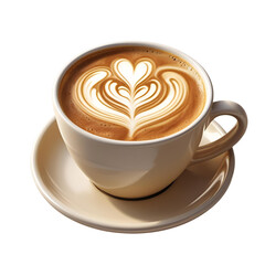 Latte Art Coffee PNG &ndash; A beautifully crafted cup of latte with heart-shaped foam art, isolated on a transparent background, ideal for caf&eacute; menus, cozy branding, and coffee-related designs.