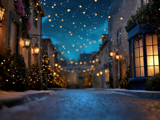 Cozy Winter Street Scene with Snowfall and Warm Lighting, Festive Holiday Atmosphere, Charming Village Setting at Night