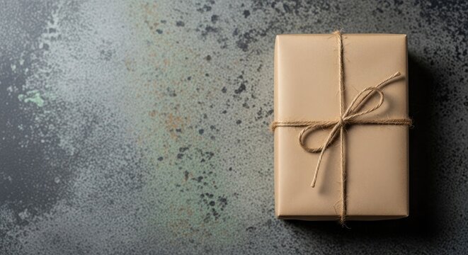 Brown Paper Wrapped Gift Box Tied with Twine on Textured Surface
