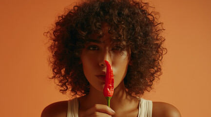 Closeup view portrait of attractive woman holding chilli pepper near her mouth, cropped studio portrait on white background. Sensual model flirting, biting pepper's tip.