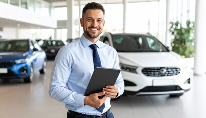 A smiling man in a car showroom holding a tablet. He's likely a salesperson or manager, surrounded by new cars.