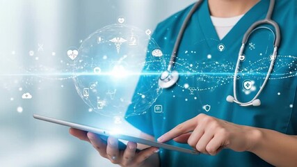 A healthcare worker uses a tablet accessing digital medical data Light flares and connecting nodes symbolize advanced technological innovation within modern medicine - Powered by Adobe