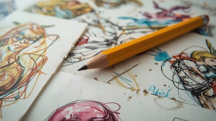 A sharp yellow pencil rests on a collection of artistic sketches and drawings, showcasing a creative process and the tools of an artist