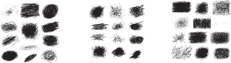 Chaotic scribble and scratch brush silhouette set, rough hand-drawn texture, high-resolution vector, black ink on clean white.