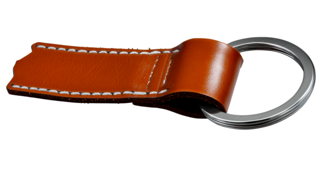 Detailed brown leather keychain with metal ring and white stitching