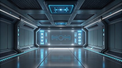 Futuristic Sci- Fi Corridor with Blue Neon Lights and Digital Displays sci-fi interior