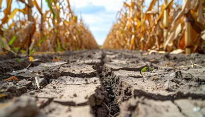 Fototapeta premium Cracked Earth and corn filed background under a blue sky, depicting a view of a agricultural land