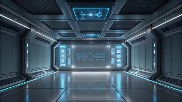 Futuristic Sci- Fi Corridor with Blue Neon Lights and Digital Displays sci-fi interior - Powered by Adobe