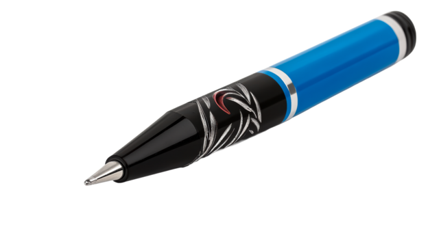 Colorful blue pen resting on a transparent background