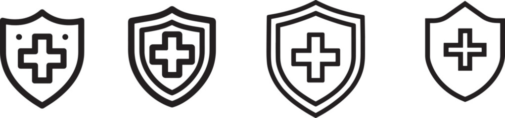 Obraz premium Cross in a shield representing health protection, line vector icon, black and white, editable stroke, isolated.