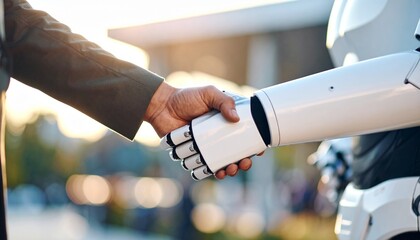A human hand and a robot's hand shaking in a futuristic and technological context, showing cooperation. The focus is on the handshake
